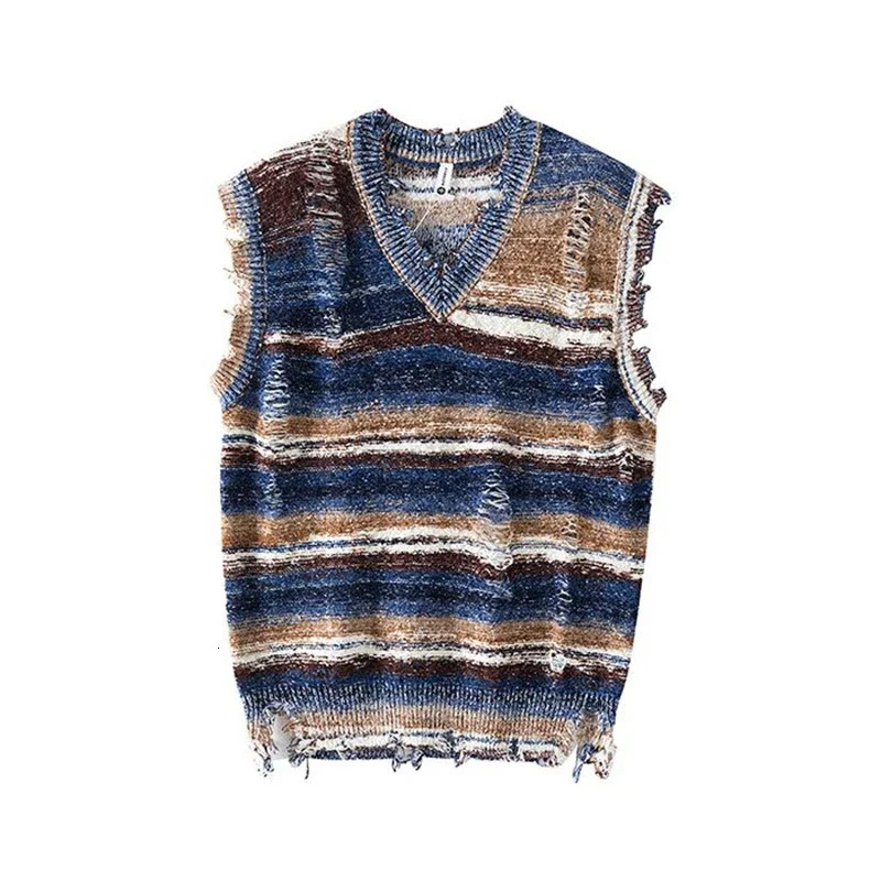 Harajuku Gradient Stripe Sleeveless Vest Y2K Washed Ripped Tie Dye V-Neck Tank Top Baggy Pullover Knitted Sweater 250716