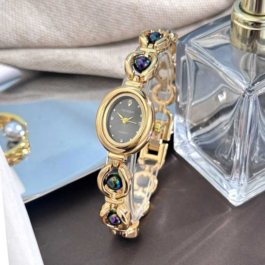 Ladies Silky Texture Oval Alloy Case Set with Movable Fine Bead Bracelet Sun Print Rhinestone Dial Elegant Lady Quartz Watch W250718