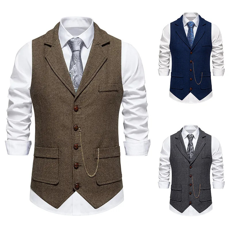 Autumn Mens Herringbone Stitched Satin Inner Vest Business Casual Formal Suit Pocket Double Breasted 250707