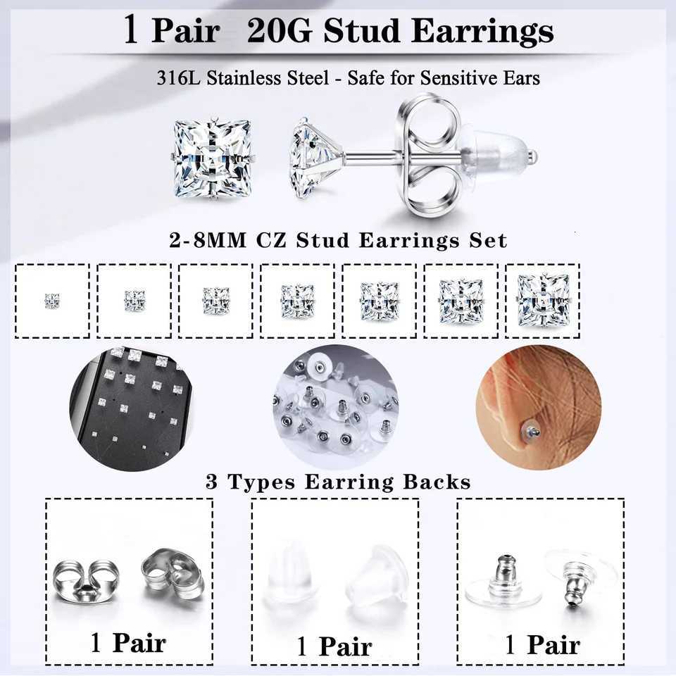 1 Pair 316L Stainless Steel 2-8MM Round/Square Crystal Cubic Zirconia Stud Earrings Set for Women Men Cartilage Helix Ear Jewelry XJ250718