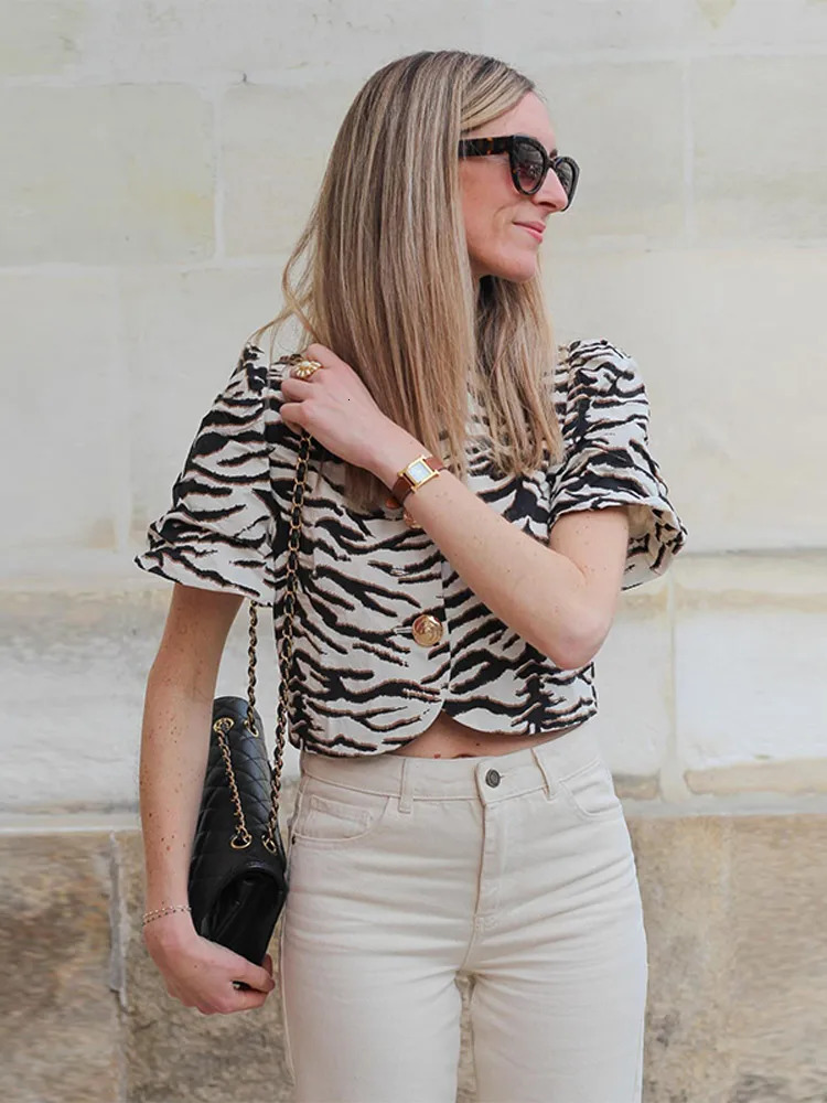 Zebra Stripes Mini Skirt Suits Women Puff Sleeve Single Breasted Shirts Hip Package Short Skirts 2 Pieces Sets Commute OL Outfit 250717