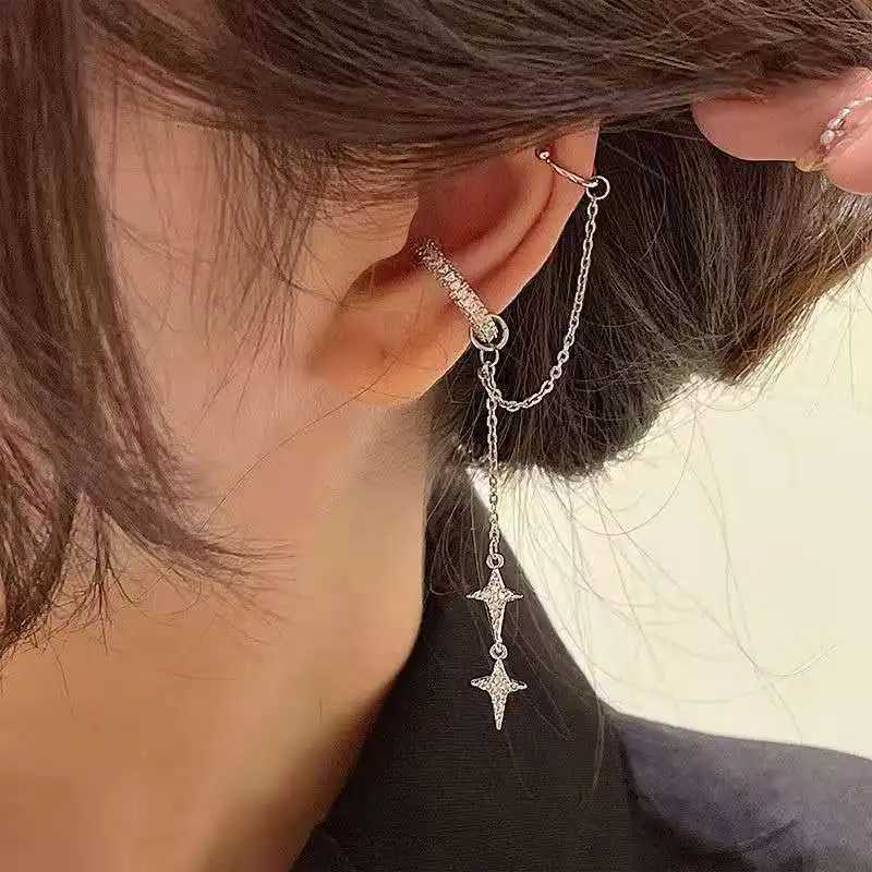Shiny Silver Color Crystal Tassel Non-Piercing Cuff Ear Clip Earring For Women Rhinestone Star Fake Cartilage Piercing Jewelry XJ250718