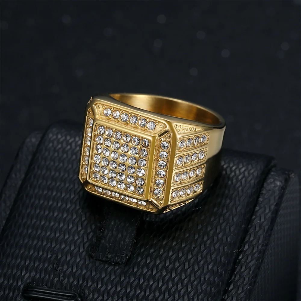Hip Hop Iced Out Bling Square Ring Male Wholesale Gold Color Stainless Steel Big Rapper Rings For Men Fashion Party Jewelry Gift 250717