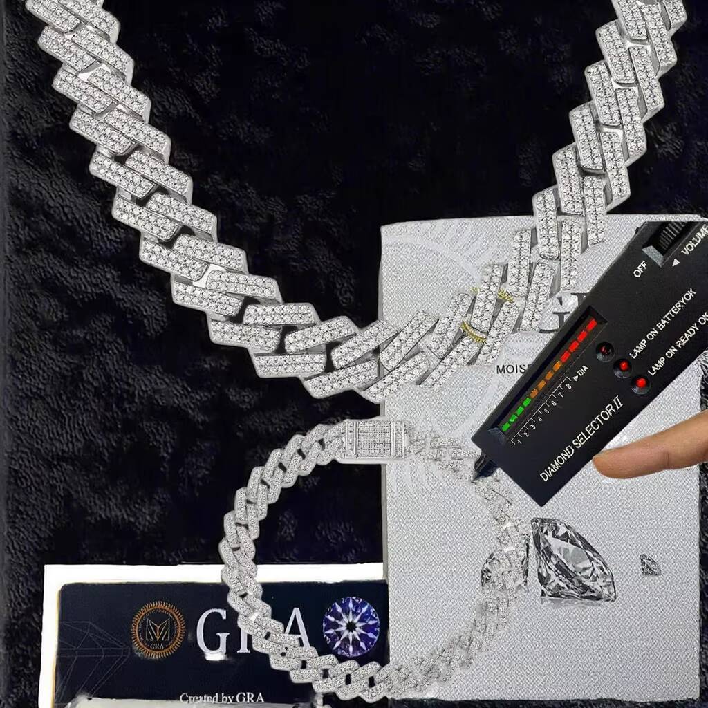 High Quality Silver Iced Moissanite Cuban Chain VVS1 Clarity Hot Sale Hip Hop Necklace Bracelet Cuban Link Chain