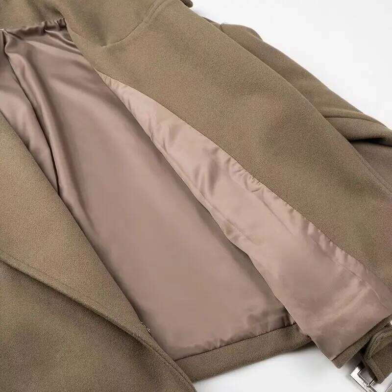 Spring Notched Collar Safari Woolen Coat Retro Women Buckle Belt Hem Loose Full Sleeve Jacket Short Outerwear
