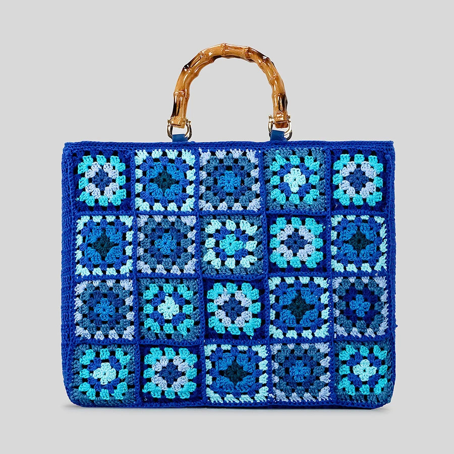 Fashion Granny Square Weave Women Handbags Behemian Knitting Bamboo Handle Large Tote Bag Candy Color Big Female Shopper Purses 250717