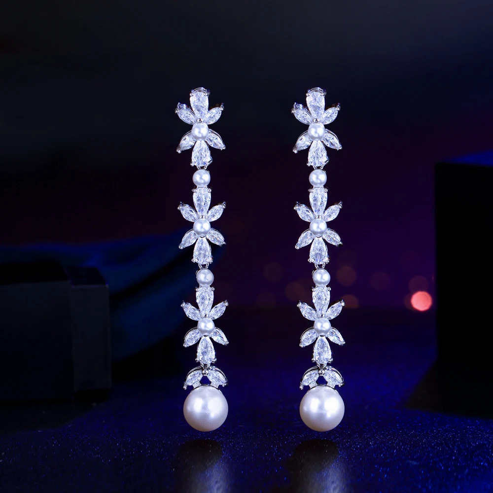 CWWZircons Shiny White CZ Paved Silver Color Long Dangle Drop Pearl Flower Leaf Cubic Zirconia Earrings for Women Wedding CZ478 250716