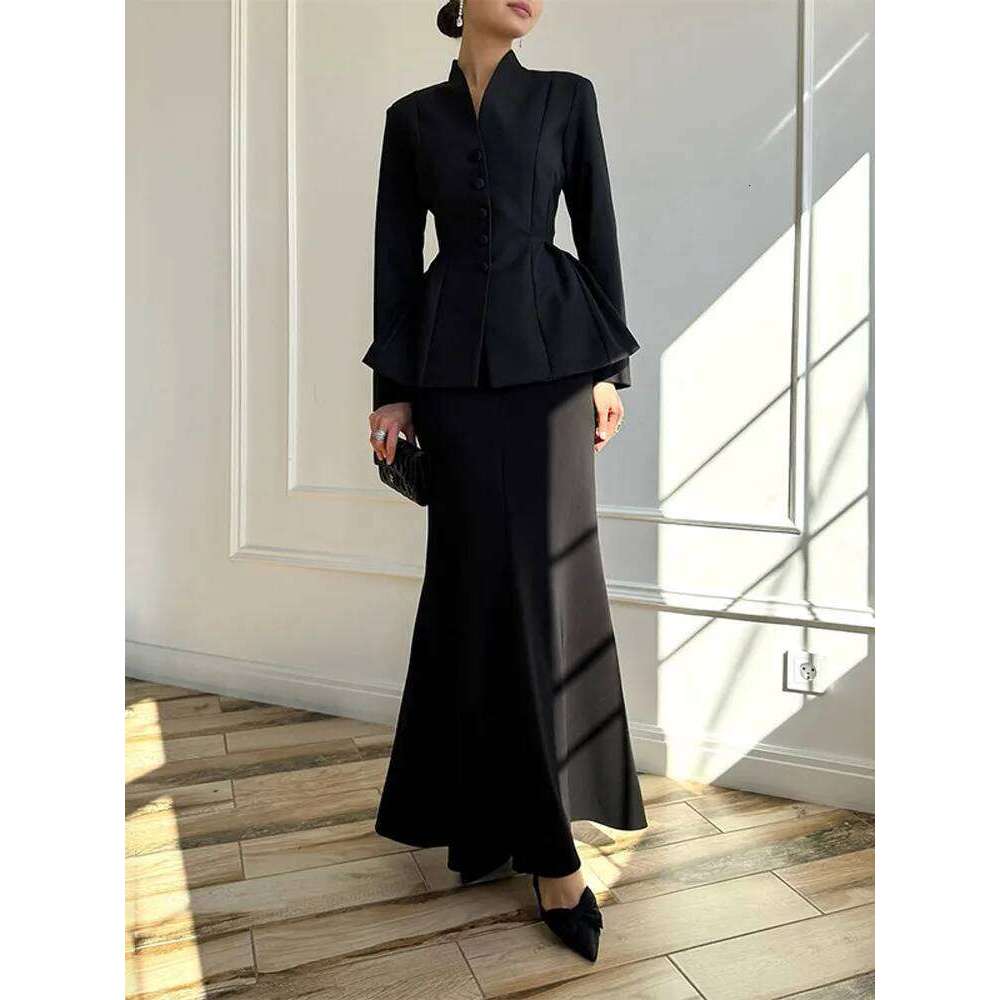 Solid Stand Collar Women Blazer Set Hip Package Slim Lady Long Skirts Sets Elegant Office Single-breasted Female Coat Suit