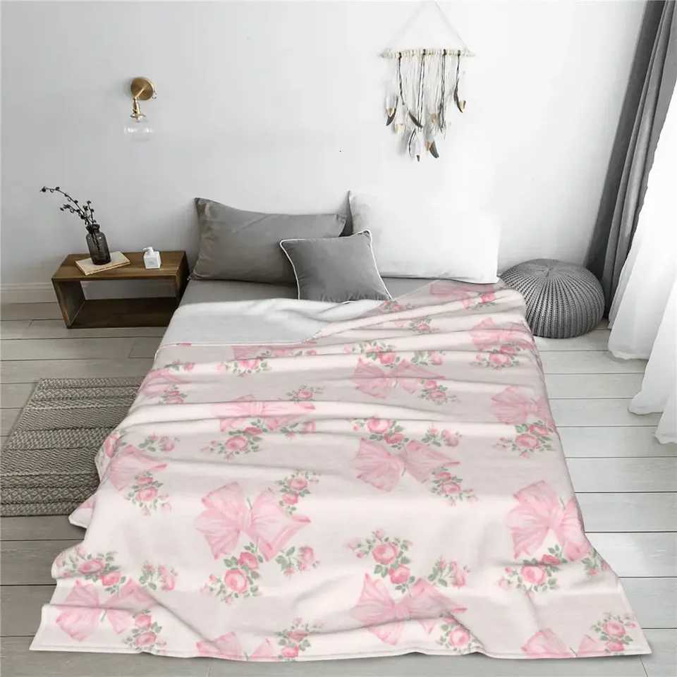 Soft Cozy Pink Bow Floral Flannel Throw Blanket Versatile for Office Camping Travel All-Season Warmth Machine Washable W250719