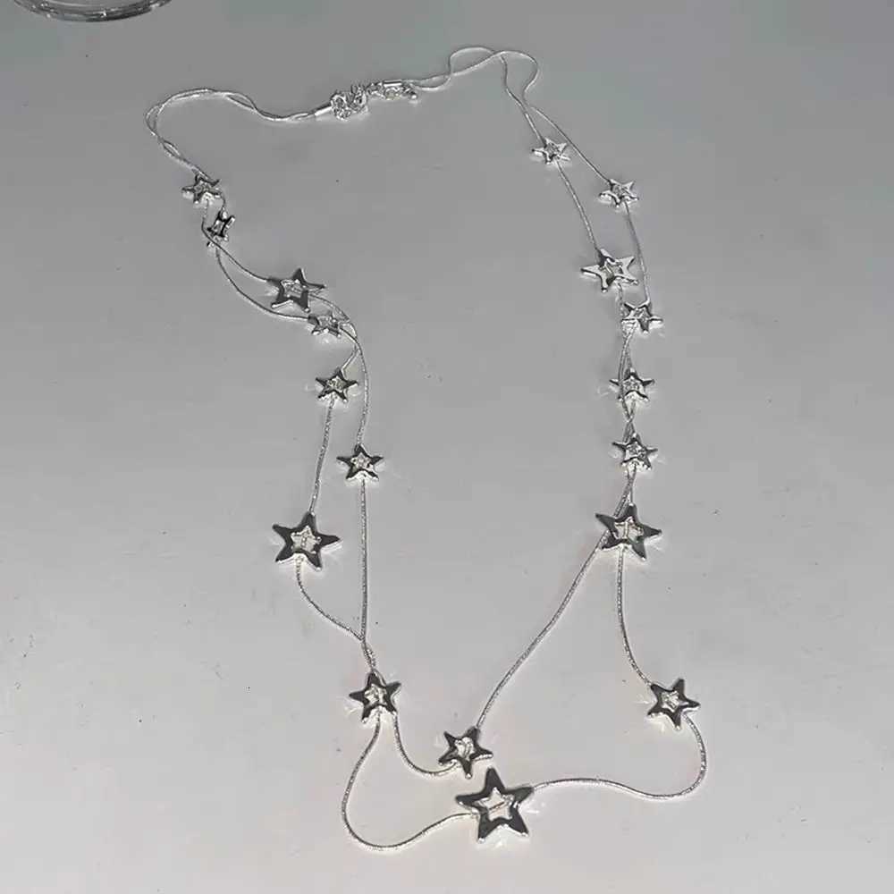 New Alloy Pentag Star Pendant Silver Color Punk Long Chain Necklace Doub Layer Y2K Sty Choker W250718