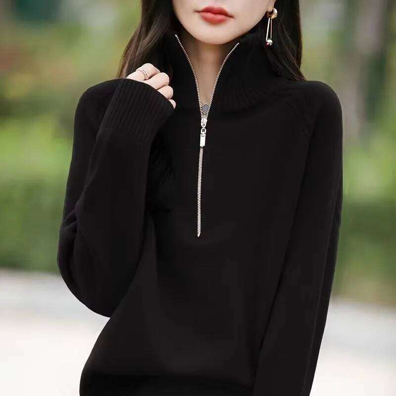 Quality Turtleneck Sweater Women Knitwear Loose Casual Zipper Half Open Collar Pullovers Autumn/Winter Supple Knit Top Keep Warm MDNG