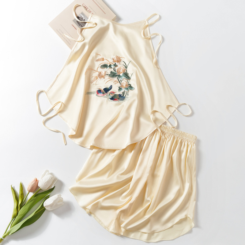 Z40-Retro sexy ice silk embroidered bellyband suit double-layer simulation silk embroidered suspenders underwear pajamas women summer
