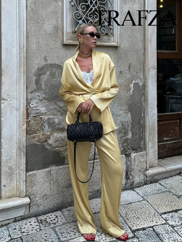TRAFZA Women 2 Piece Set Pleated Texture Lace Up Decorate Fashion Kimono Shirt TopSolid Elastic Waist Wide Leg Long Pant Mujer 250714