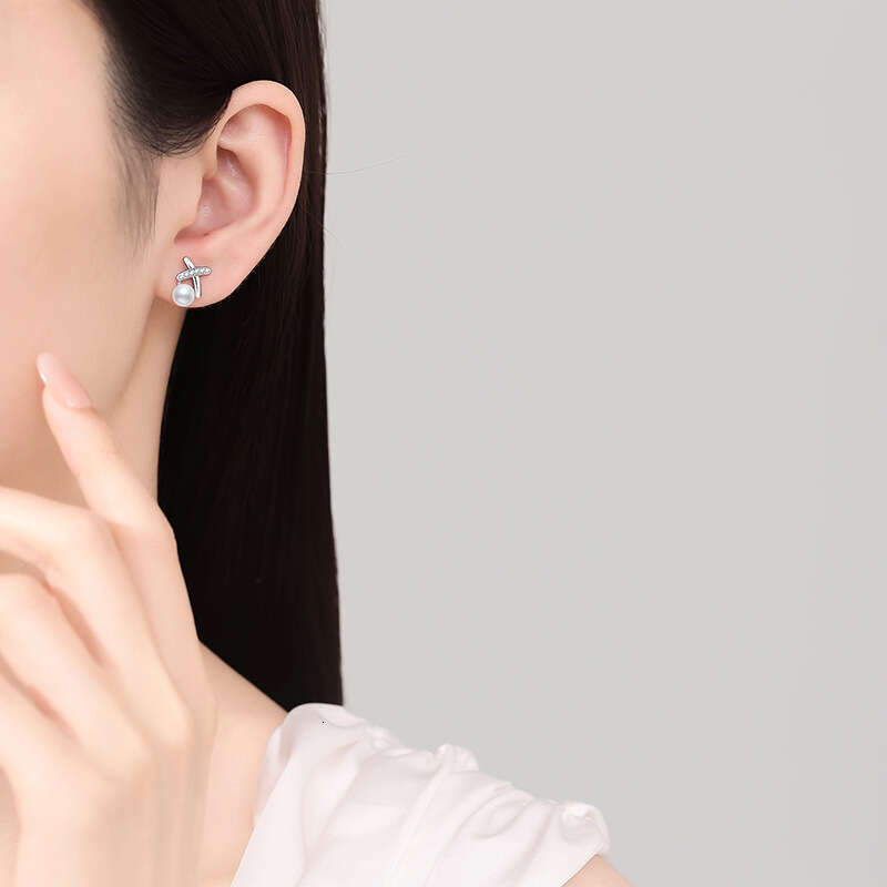 S Pure Sier Earrings Freshwater Pearl for Women Korean Style X-shaped D Color Moissanite Studs e9c