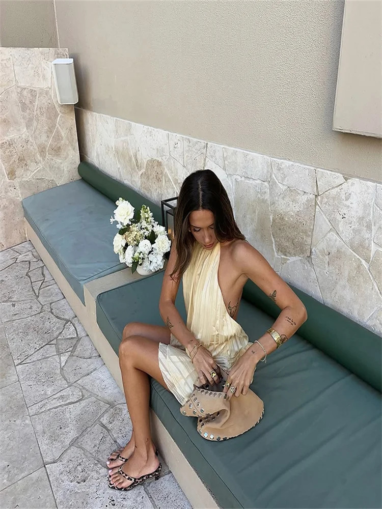 Halter Ruffle Mini Dres Sexy Sleeveless Backless Lace Up Party Dresses 2025 Summer Beach Fashion Vacation Lady Short Robe 250717