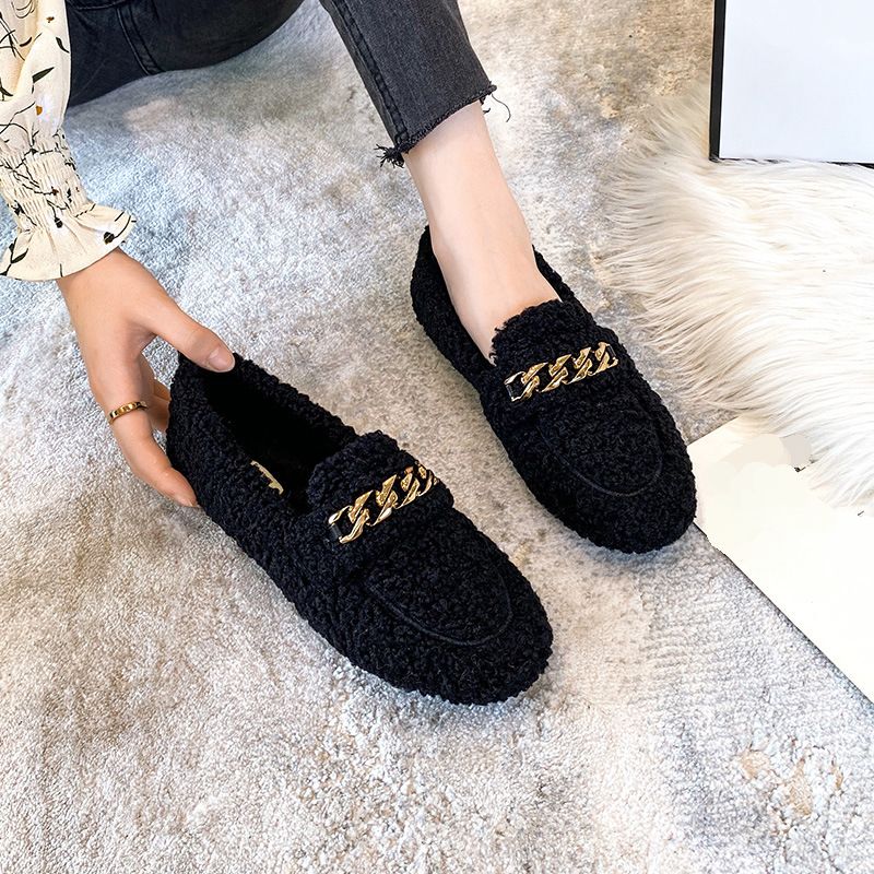 Stylish Lamb Fur Women Platform Metal Decor Vintage Shoes Slip On Plush Lining Female Cork Winter Slides Shoes Woman Furry Soft Sole Casual Oversized 