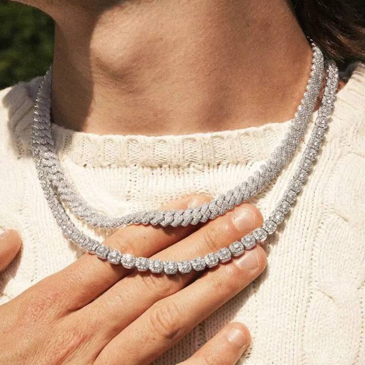 8-14 mm Wide 2 Rows Iced Out Fine Jewelry Hiphop Necklace Bracelet VVS Moissanite Silver Cuban Link Chain for Hiphop Men
