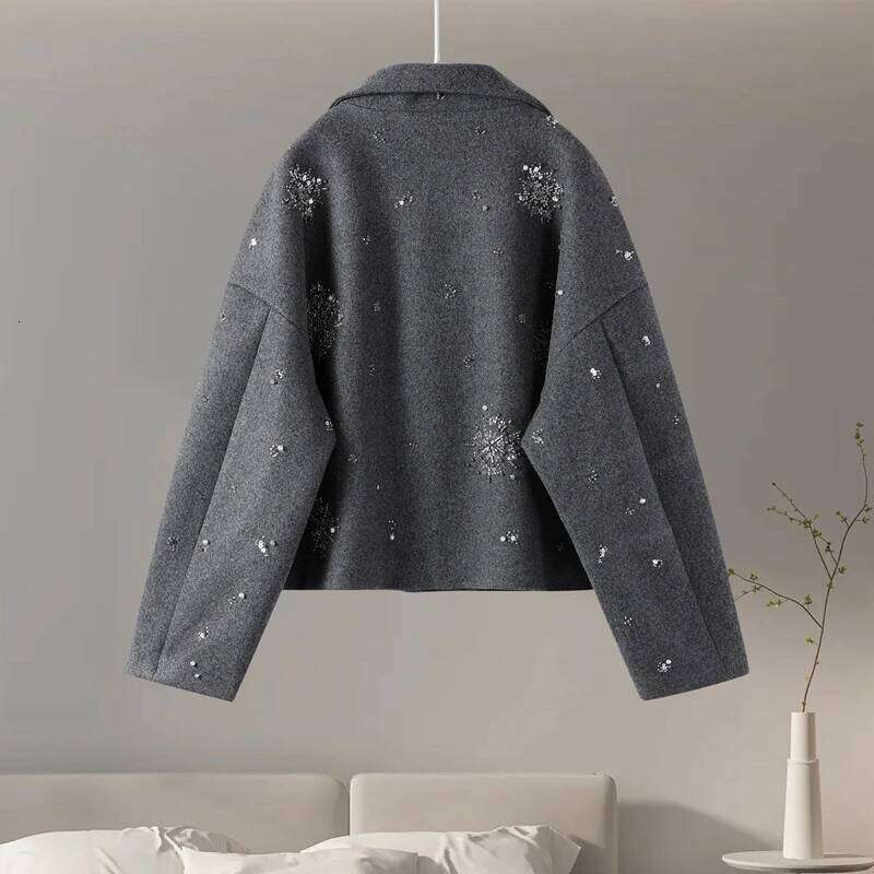 Casual Embroidery Beading Loose Women Coat Lapel Collar Bat Sleeve Solid Wool Blend Jacket New Lady Spring Outerwear