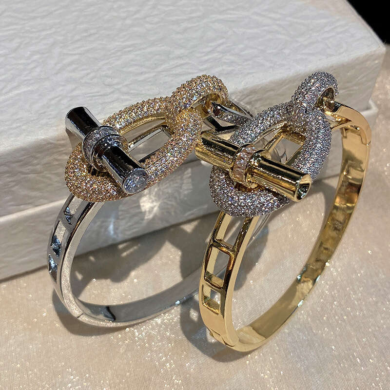 New Horizontal Bar OT Series Ring Bracelet Set Pig Nose Light Copper Inlaid with Zircon