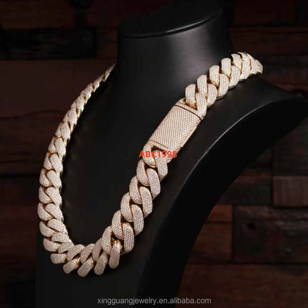 Custom Heavy Weight 25mm 5rows Iced Out 5rows Cuban Link Chains Gold Plated 925 Silver Pass Diamond test VVS Moissanite Chains