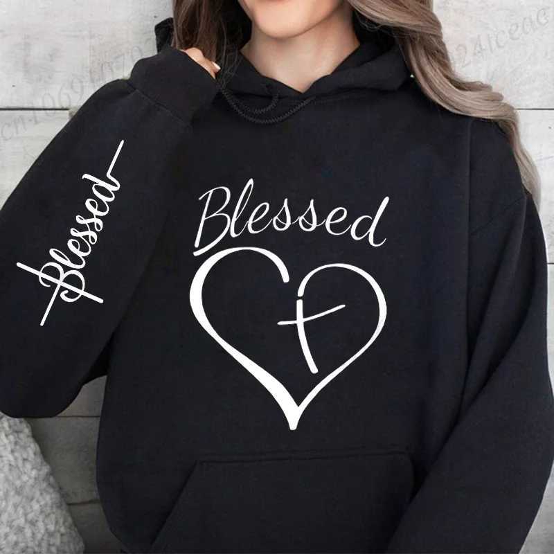 Hoodie for Women Blessed and Heart Letters Warm Fleece Woman Hoody Sweatshirts Blessed Cross Autumn Hoodies Y2K Casual Tops Z250719