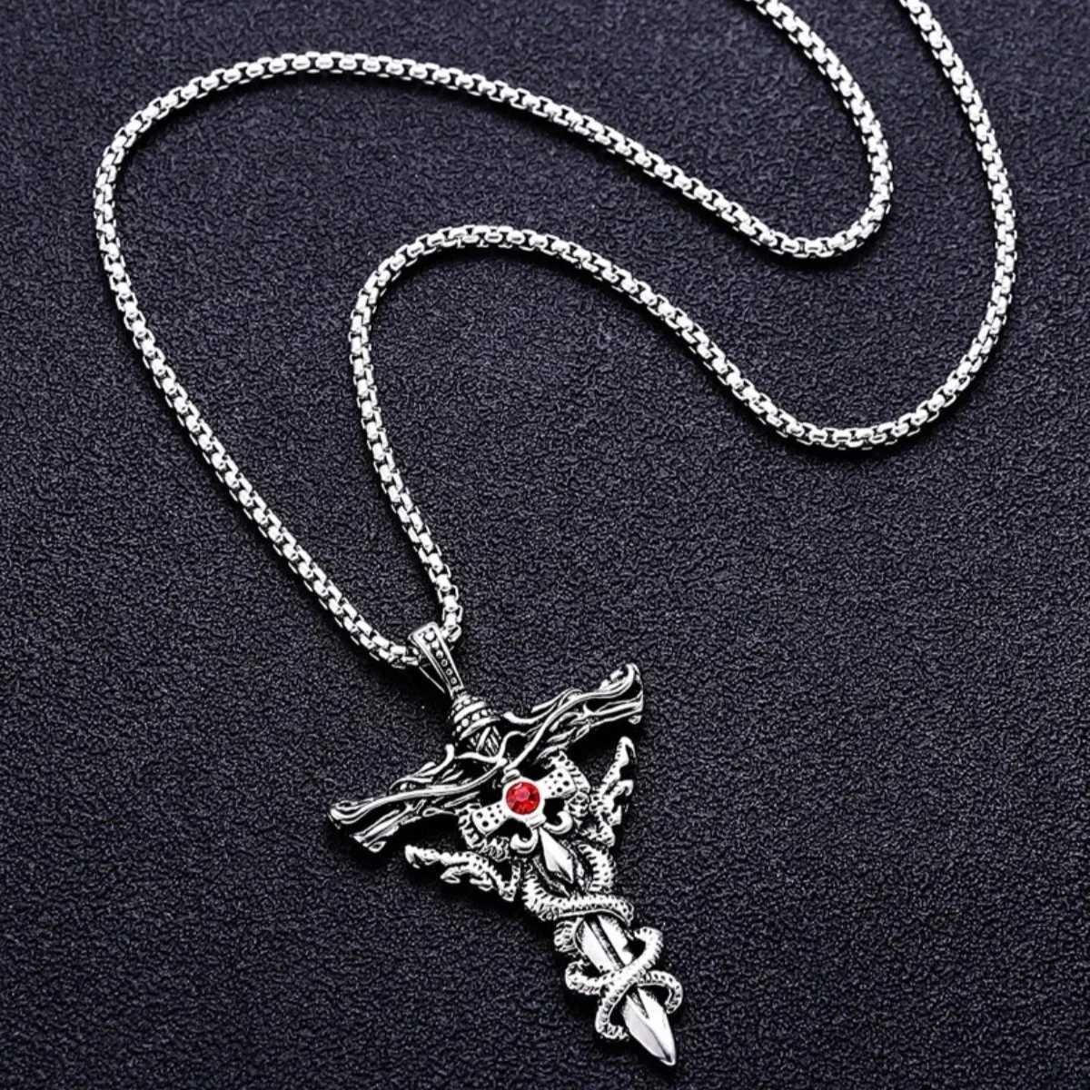 Mens Punk Necklace - Titanium Steel Gothic Dragon Sword Evil Eye Cross Pendant Vintage Dark Jewelry Gift W250718