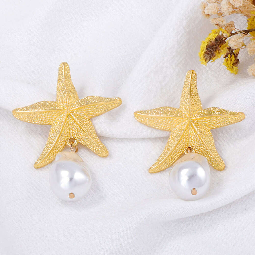 ZA Summer Simple Fashionable Alloy Starfish Imitation Pearl Women's Earrings Beach Vacation Style