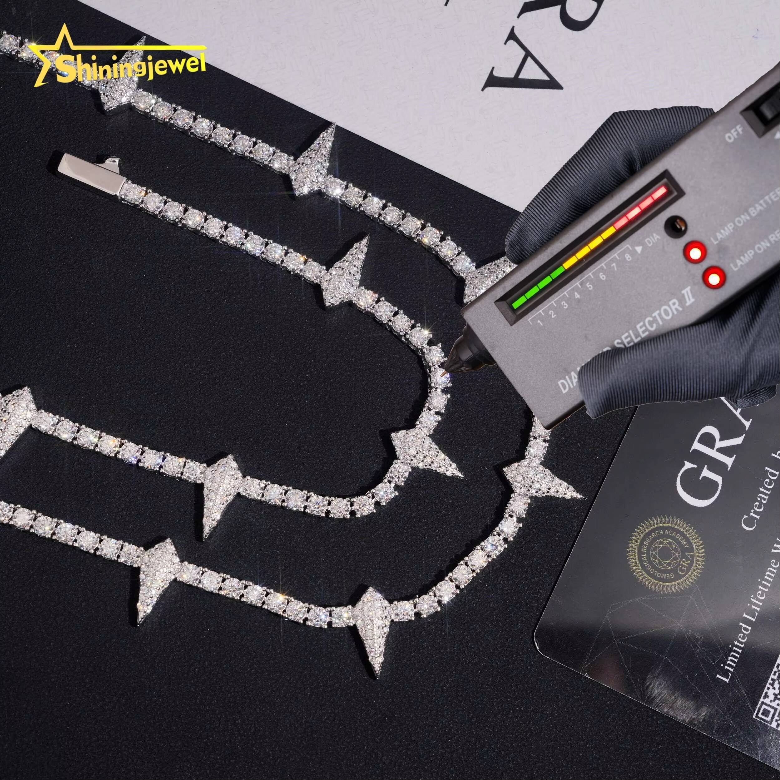 Iced Out Hip Hop Jewelry 3MM Pointed Tennis Chain 925 Silver VVS Moissanite Diamond Tennis Necklace Pass Diamond Tester