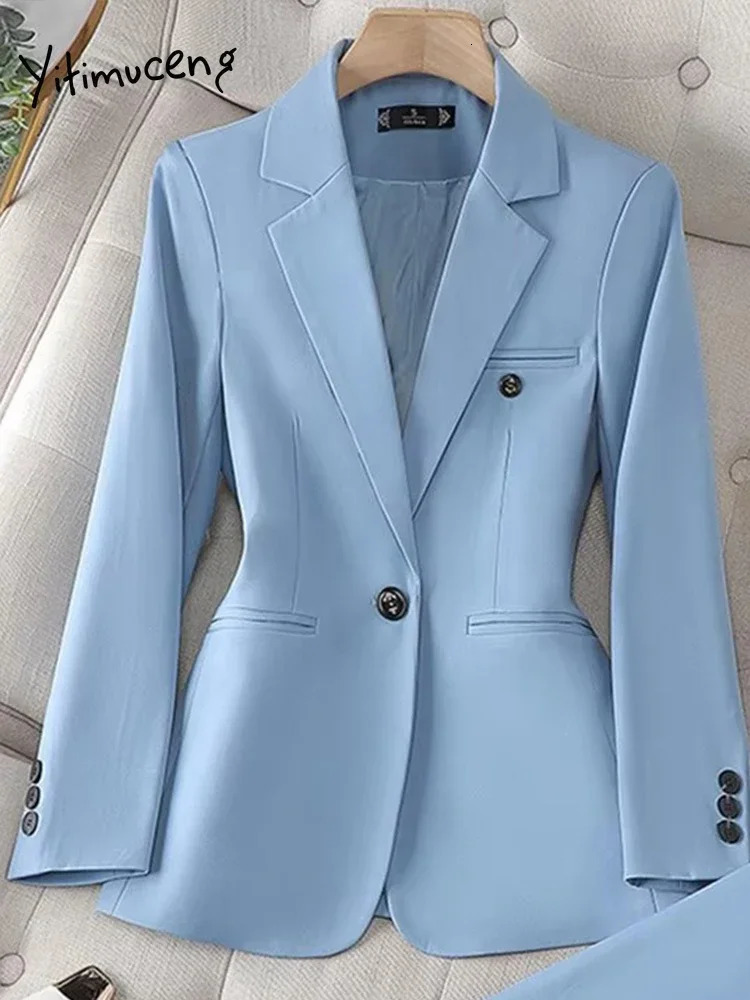 Casual Blue Blazer Suits Women Office Wear Long Sleeve Single Button Jacket 2 Pieces Set Chic Fashion Pant Suits Elegant Ladies 250715