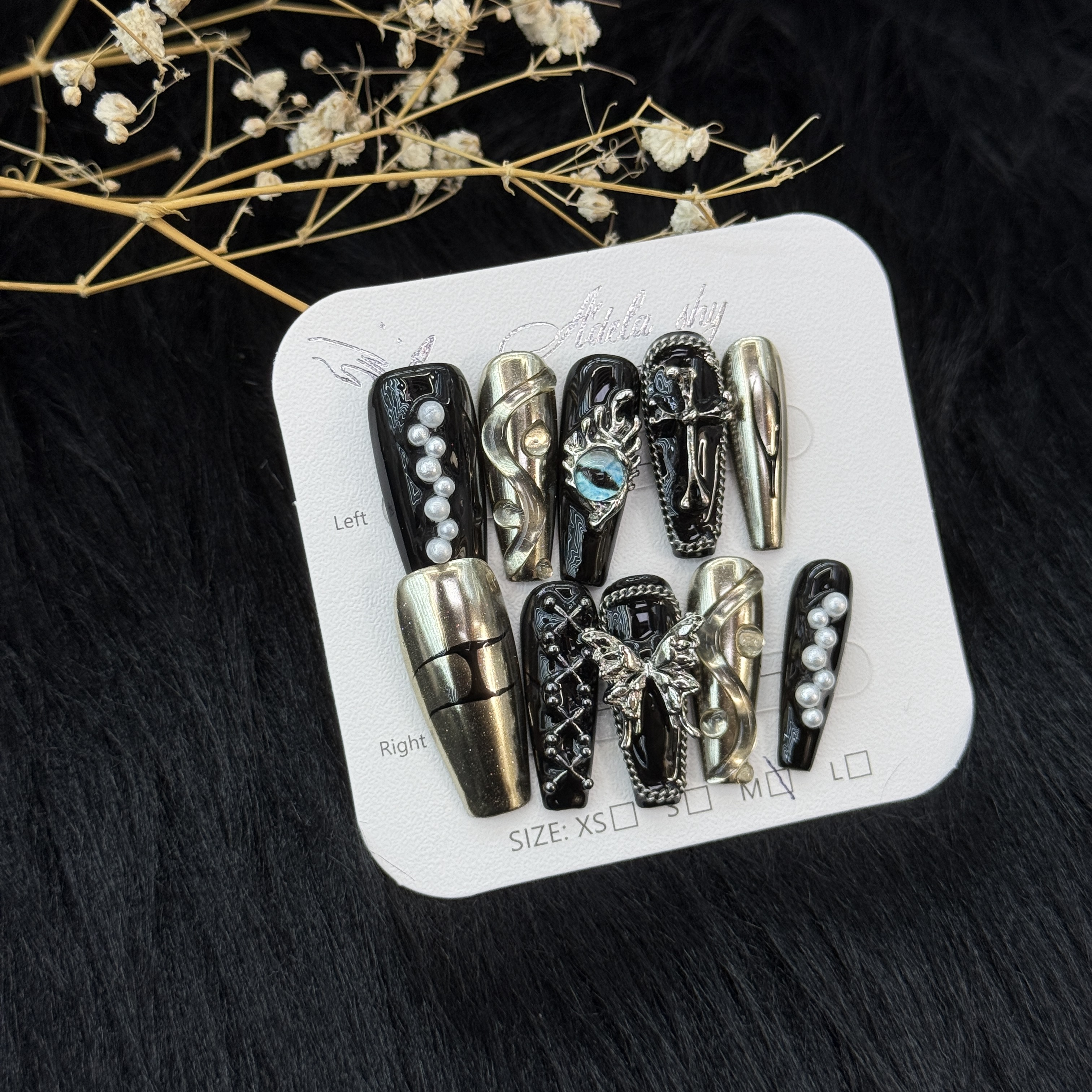 10Pcs Gothic Punk Metal & Pearl Press-On Nails - Black Gold Silver Manicure Set