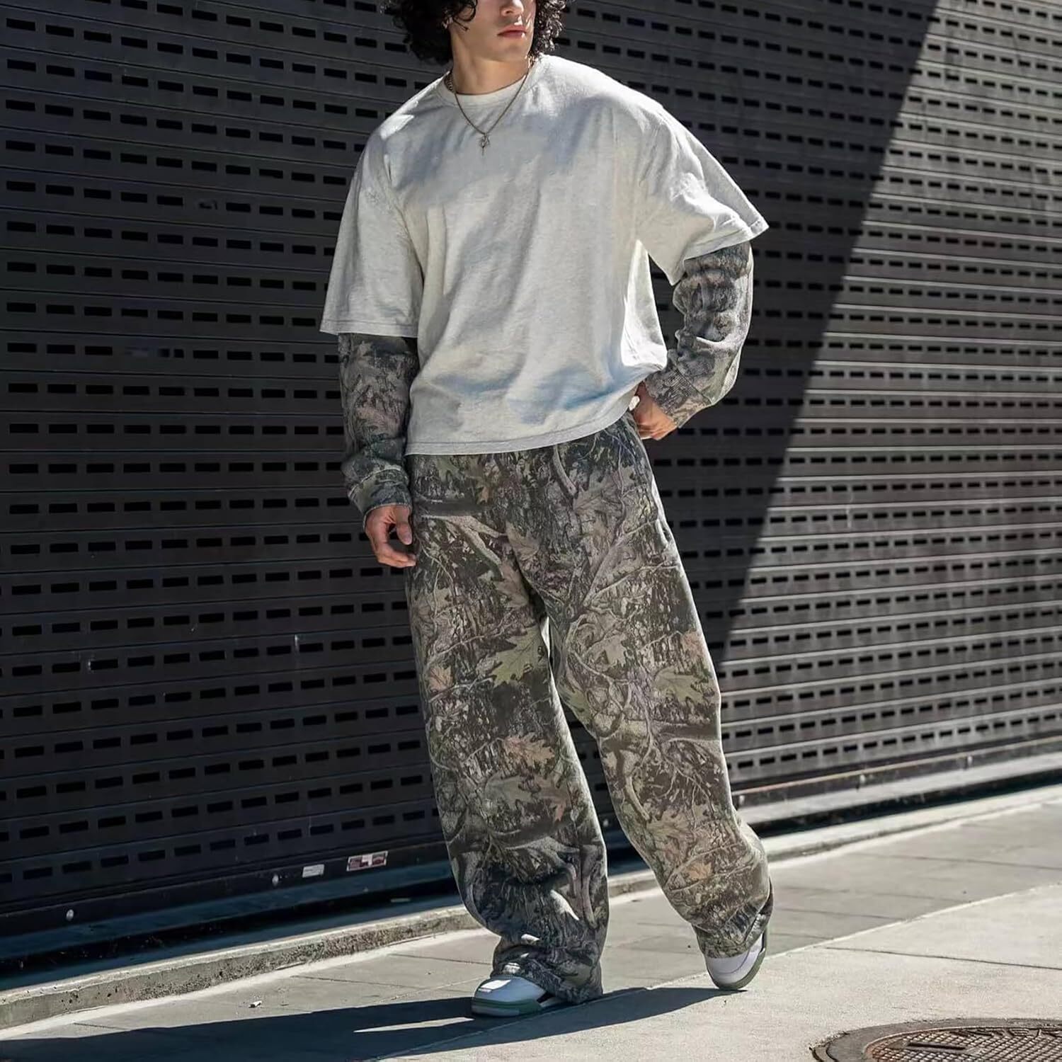 Men's Camo Graphic Leaf Print Baggy Sweatpants Joggers Casual Elastic Waist Wide Leg Trousers Y2K Streetwear Pants