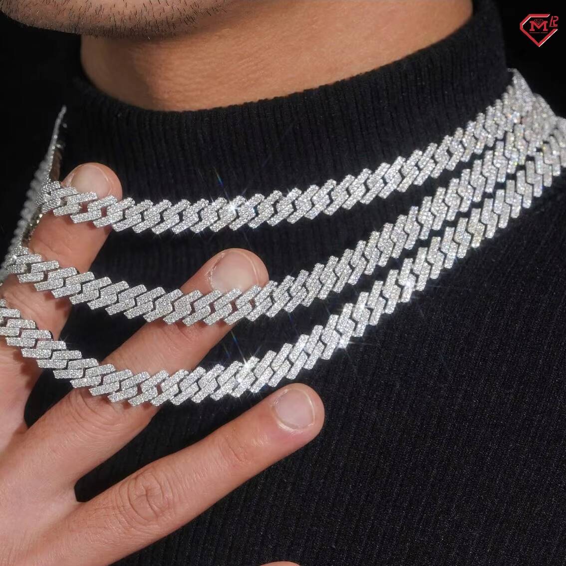 Hot Selling Cuban Chain 12mm 2 Rows 925 Silver White Gold Plated Straight Iced Out Chain Moissanite Cuban Link Chain