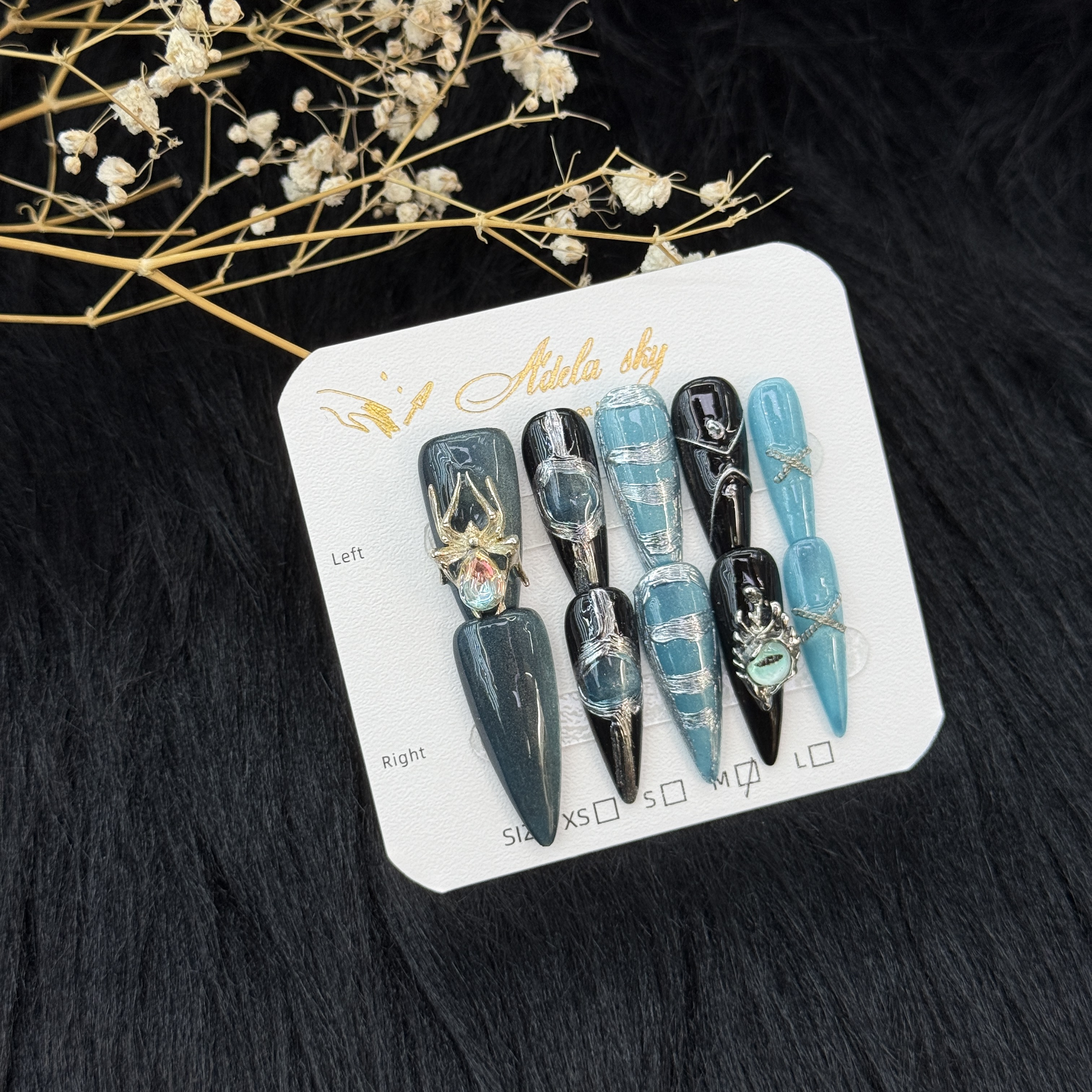 10Pcs Gothic Spider Eye Press-On Nails - Blue & Black Punk Manicure Set