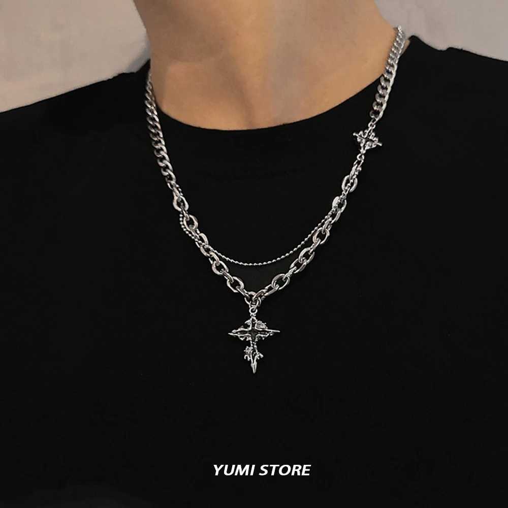 Punk Black Flame Cross Necklace For Men Wen Trend Titanium Steel Chain Sweater Pendant Hip Hop Jewelry Cool Kpop Accessories W250718