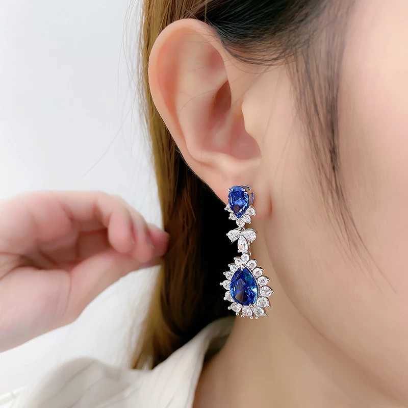 8-Color Pear Blue Cubic Zirconia Hanging Earrings Silver Color Luxury Earrings for Women Wedding Party Aesthetic Ear Jewelry New XJ250718