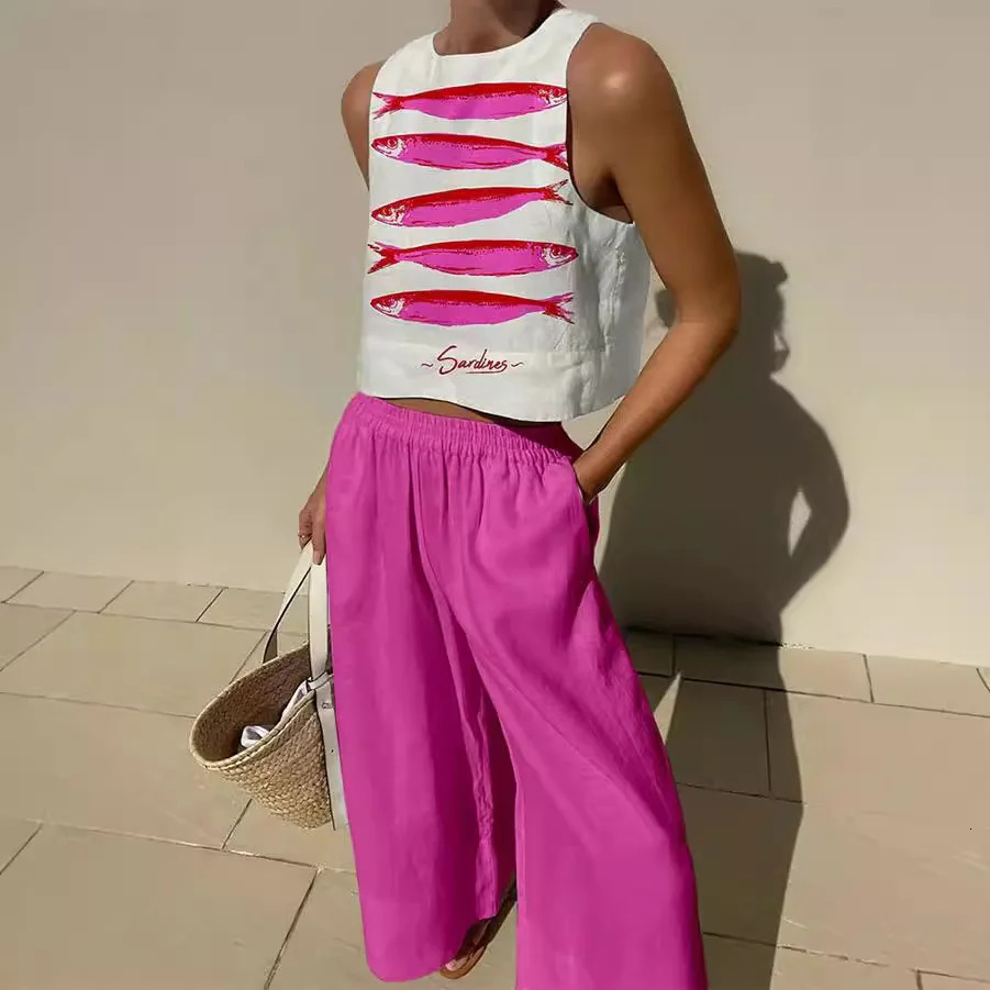 2025 Summer Womens Fashion Trousers Suit Casual Printed Sleeveless Vest Wide-leg Trousers Womens Outing Versatile Style Suit 250715