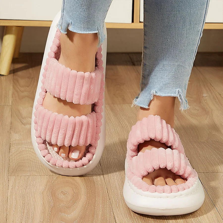 Women Home Slippers Warm Plush Ladies Fluffy Shoes Cozy Open Toe Indoor Fuzzy Slides Bottom Non-Slip Bedroom Slippers 250716