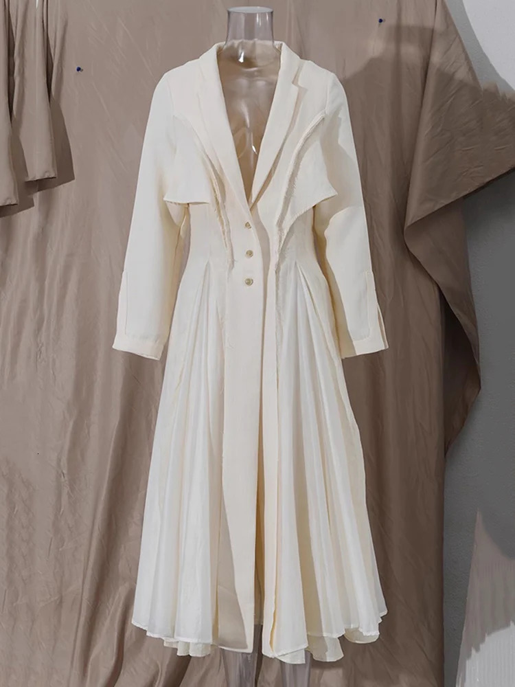 PlusizeShe Spring Long Fitted Mesh Patchwork Linen Trench Coat for Women Single Breasted Chic Elegant er Clothes 250715