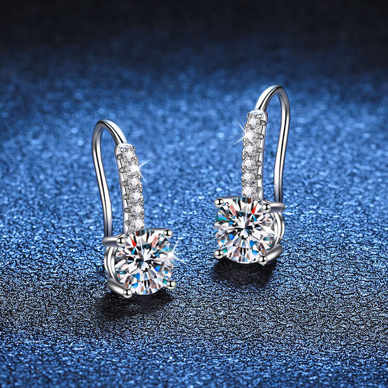 S Pure Sier French Four-Prong Moissanite Dia D Color 1 Carat Earrings Elegant Simple Ear Hooks cc3