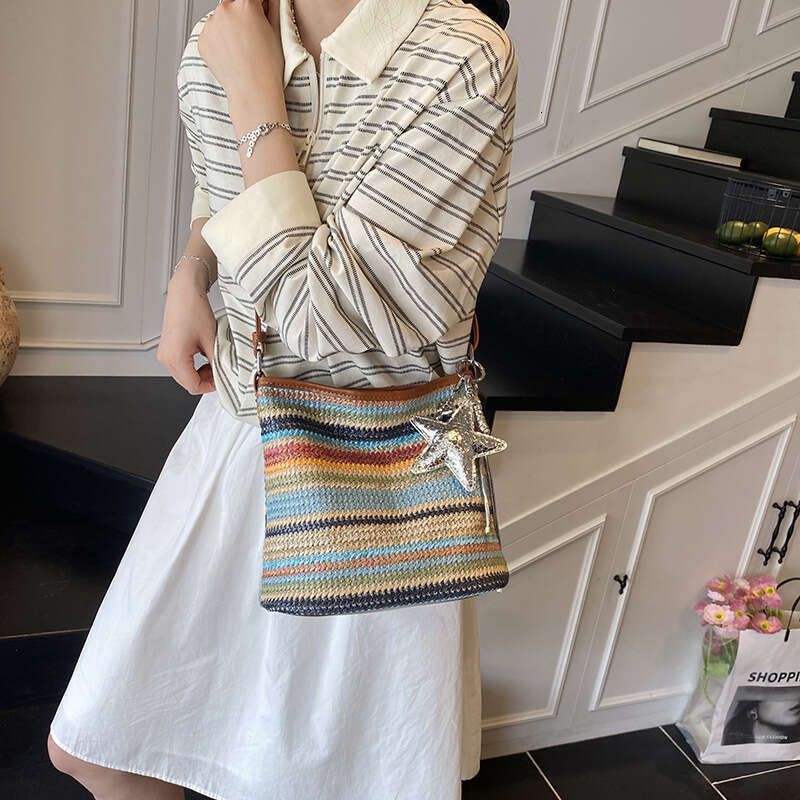 Rainbow Striped Straw Fashion Single Shoulder 2025 Summer New Women's Crossbody Handheld Woven Bucket Bag