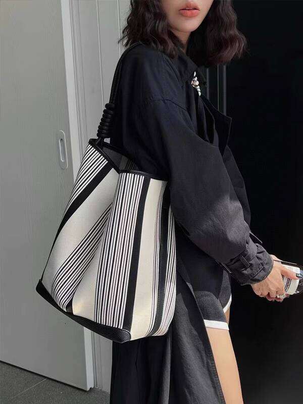 Capacity Single Shoulder Niche Design Bucket Striped Women S Color Block Tote Underarm Commuter Large Bag
