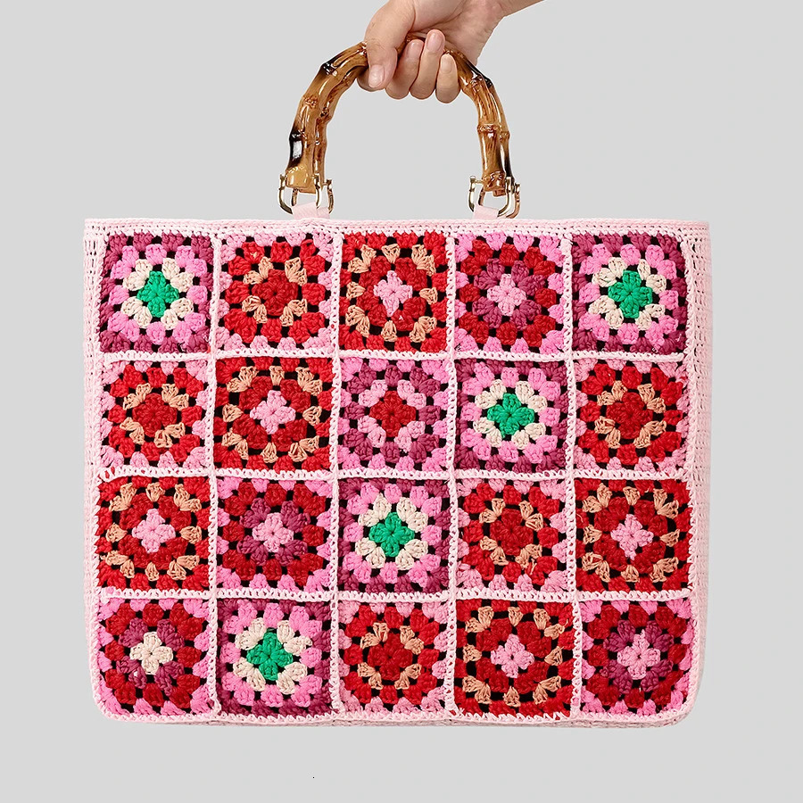 Fashion Granny Square Weave Women Handbags Behemian Knitting Bamboo Handle Large Tote Bag Candy Color Big Female Shopper Purses 250717