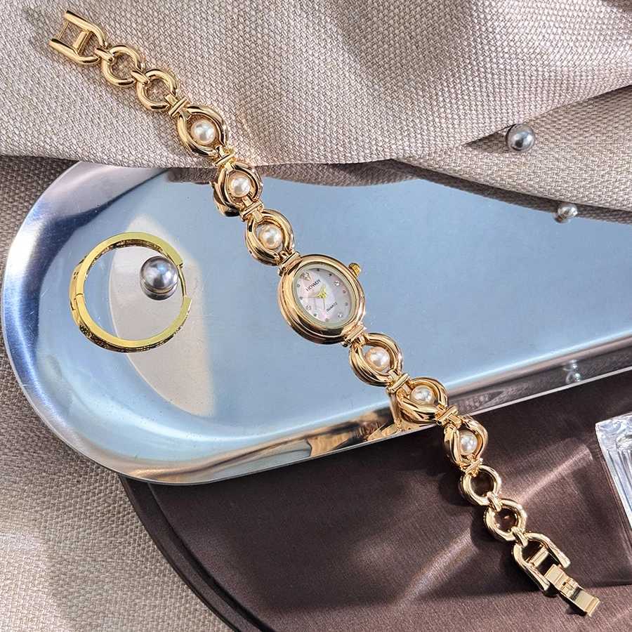 Ladies Silky Texture Oval Alloy Case Set with Movable Fine Bead Bracelet Sun Print Rhinestone Dial Elegant Lady Quartz Watch W250718