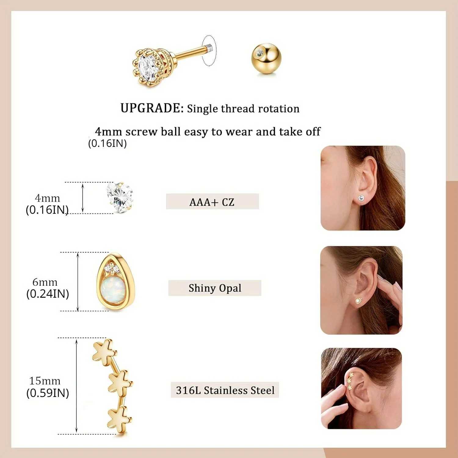 Drperfect Surgical Stainless Steel 16G Cartilage Earrings Studs Helix Couch Hoop Piercing Earrings Set Opal Shiny Earrings XJ250718