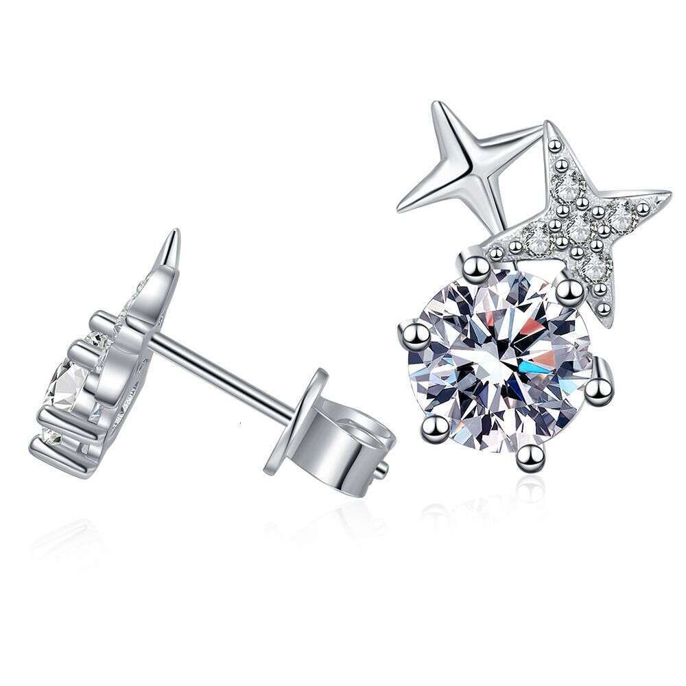 S Pure Sier Simple Six-Prong Korean Style Eight-Pointed Star Earrings 1 Carat D Color Moissanite Studs for Women 316