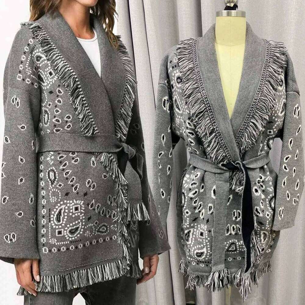 Designer Clothing Gray Winter Open For Women Warm Cashmere Fringes Hem Over-Sized Brand Cardigan Coat Belted Sweater Fashion