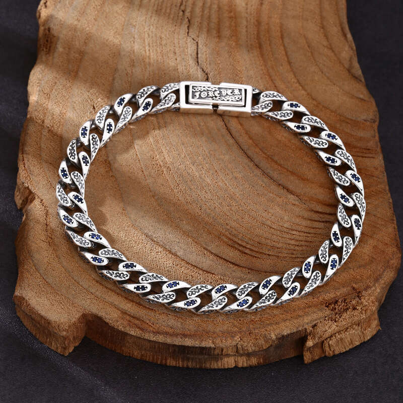 Plated New Thai Sier Bracelet Cuban Tang Grass Pattern Flat Chain Personality Trendy Men's Ethnic Style Simple New jewelry