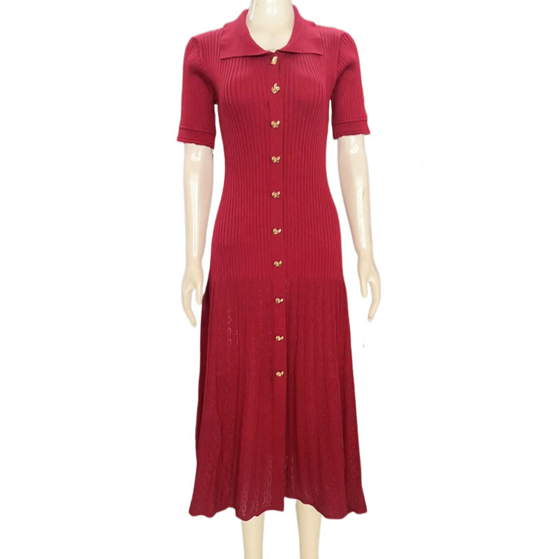 new Designer free shipping lapel knit dress for women slim fit waist hugging long skirt short sleeved hollow knit dress