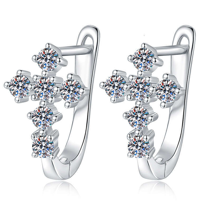 Hot Selling Cross Moissanite Earrings Sterling Sier Clip Ear Stud U-shaped Personality Trend 69c