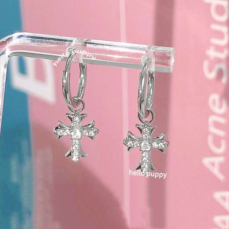 Super Shiny Dia-studded Designer Jewelry Cross Pendant Double Ear Hole Stackable Versatile Hoop Earrings For Women